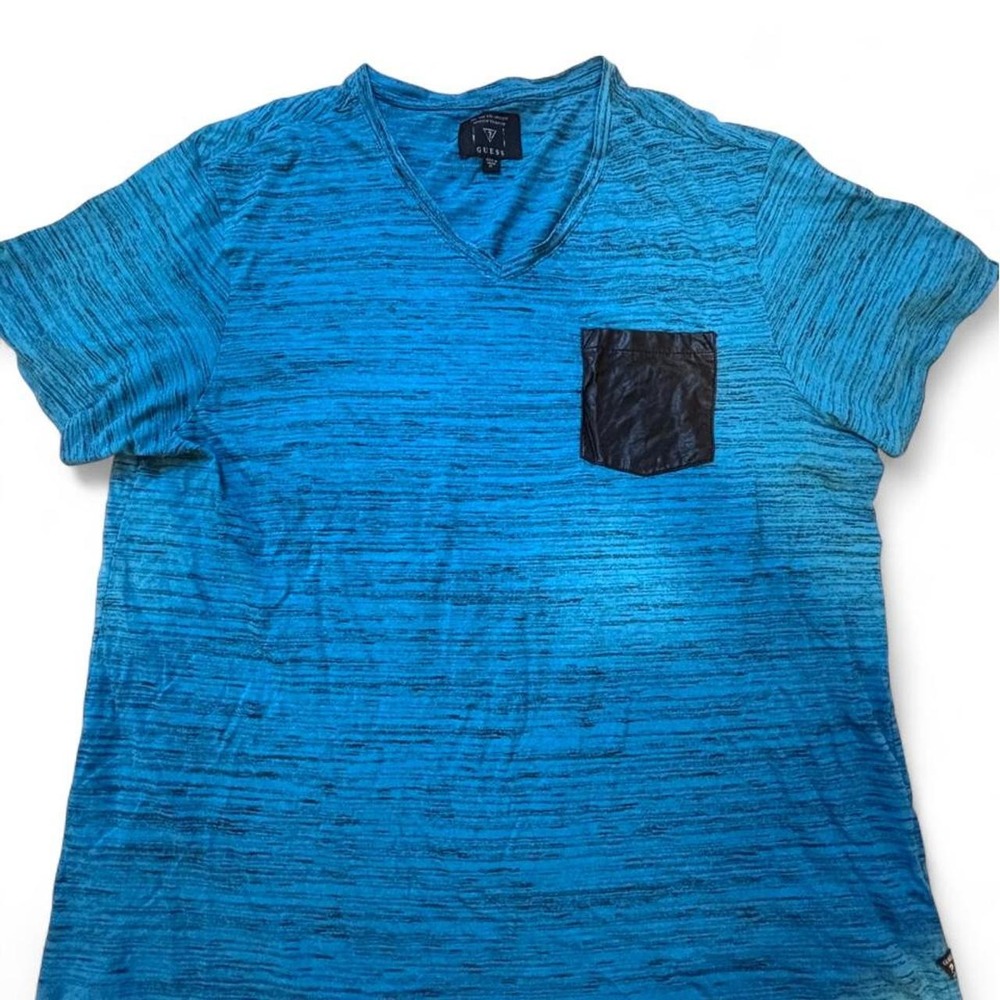 Guess Mens Blue Space Dye V-Neck Faux Leather Pocket Tee XL M61P62K2AC0